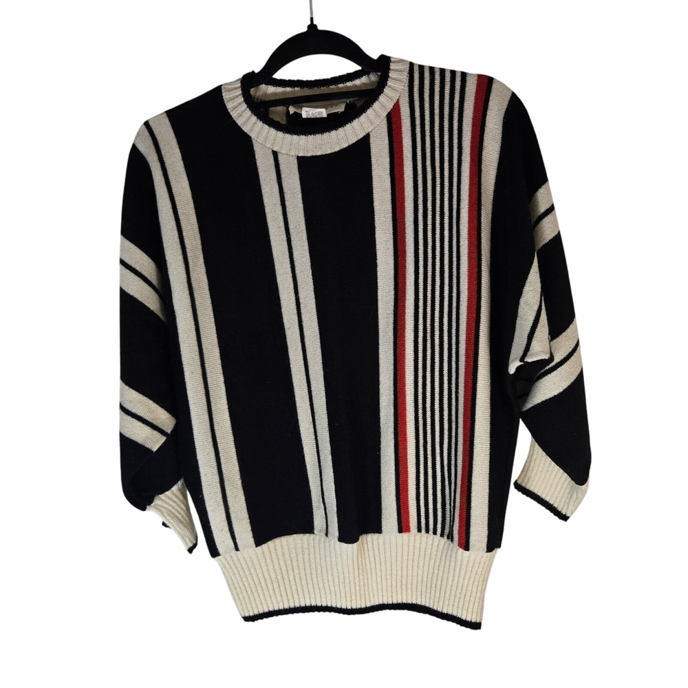 Vtg Vivanti‎ Striped Knit Sweater Black White Red Acrylic Blend Made in USA